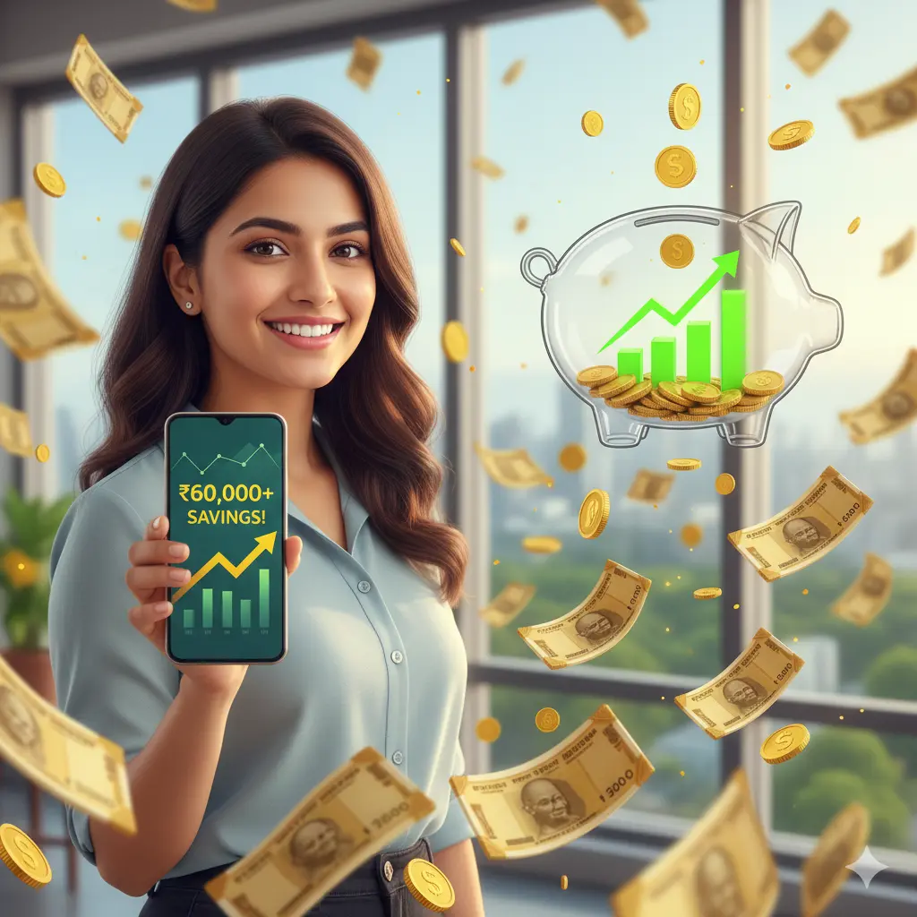 Young Indian professional smiling, showing a graph of rising income and tax savings from Budget 2025 new tax slabs.
