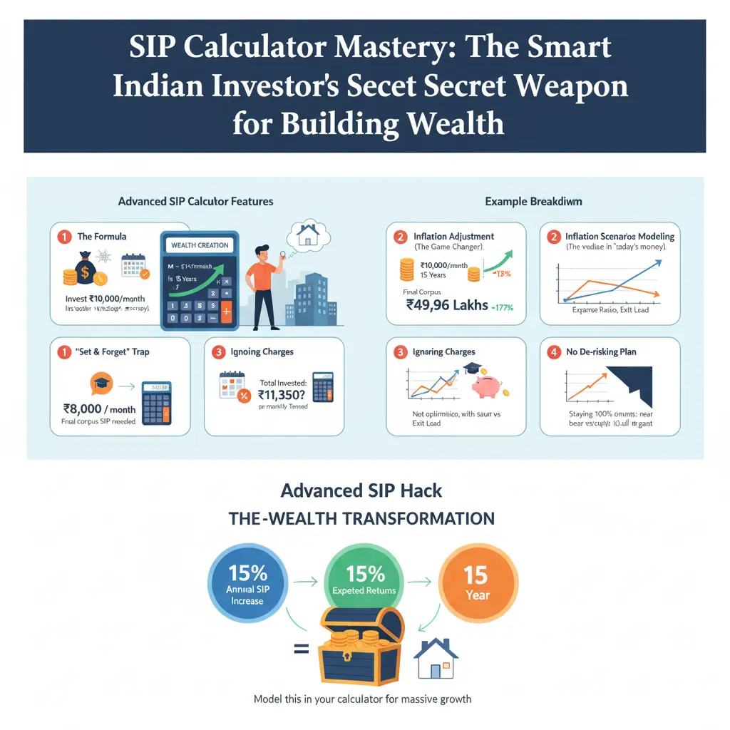 A vibrant graphic depicting a person standing confidently beside a large calculator and growing money plants, symbolizing wealth accumulation. In the background, there's a dream house and a calendar, representing financial goals and long-term planning. The title "SIP Calculator Mastery: The Smart Indian Investor's Secret Weapon for Building Wealth" is prominently displayed.