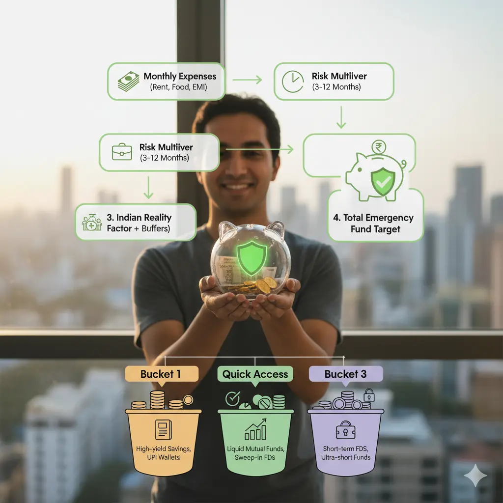 A young person in a modern city holding a piggy bank with a shield icon, representing a strong emergency fund for financial security.
