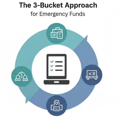 Infographic illustrating the 3-Bucket Approach for managing an emergency fund in India, covering immediate, quick, and moderate access.