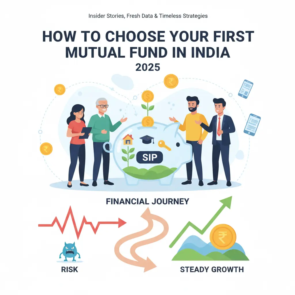 An Indian family standing near a large piggy bank with "SIP" written on it, representing mutual fund investments. The piggy bank contains a small house, a graduation cap, and growing money plants, symbolizing financial goals. Surrounding them are floating Rupee coins and mobile phones indicating online investment. Below, a wavy red line labeled "RISK" transitions into a smooth green upward arrow labeled "STEADY GROWTH," with a Rupee coin at the peak.