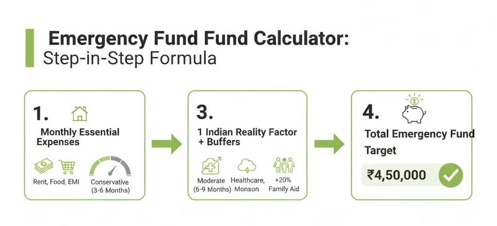 Step-by-step infographic of an emergency fund calculator India, including essential expenses, risk multiplier, and Indian reality factors.