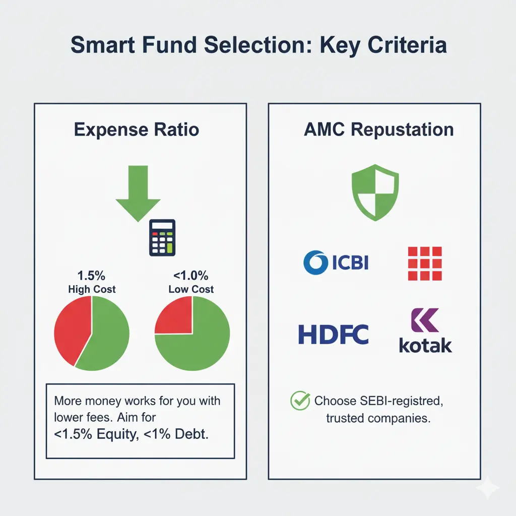 An infographic comparing "Expense Ratio" and "AMC Reputation" as key mutual fund selection criteria. The Expense Ratio section shows two pie charts, illustrating higher vs. lower costs with thresholds (e.g.,