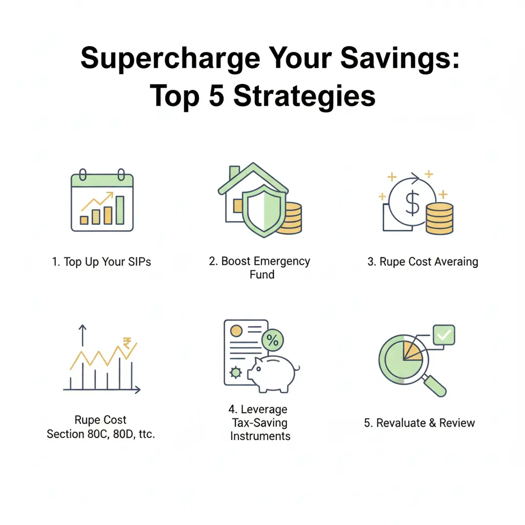 Visual guide to key tax saving strategies for young Indians in 2026, including SIPs, emergency funds, and Section 80C investments.