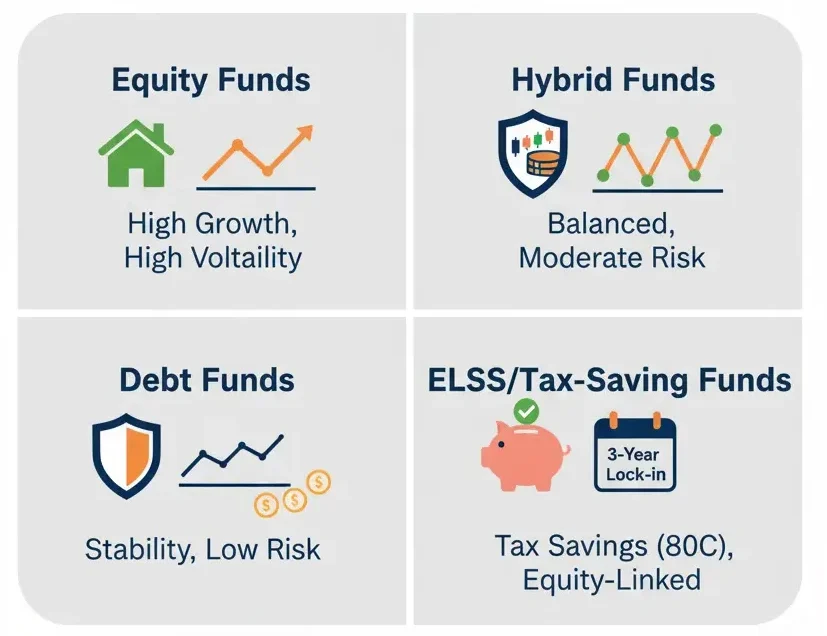 A clear infographic showing four blocks, each representing a fundamental type of mutual fund in India: Equity Funds (house, upward graph, high growth), Debt Funds (shield, stable line, low risk), Hybrid Funds (shield, wavy graph, moderate risk), and ELSS/Tax-Saving Funds (piggy bank, calendar with 3-year lock-in).