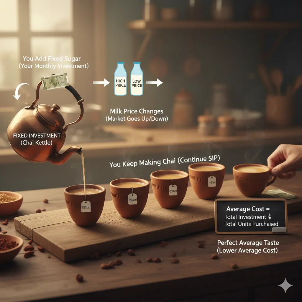 An Indian chai kettle pouring tea into cups, illustrating how rupee cost averaging works: fixed monthly investment (sugar), fluctuating market prices (milk), and consistent SIP lead to a lower average cost over time, like perfect chai.