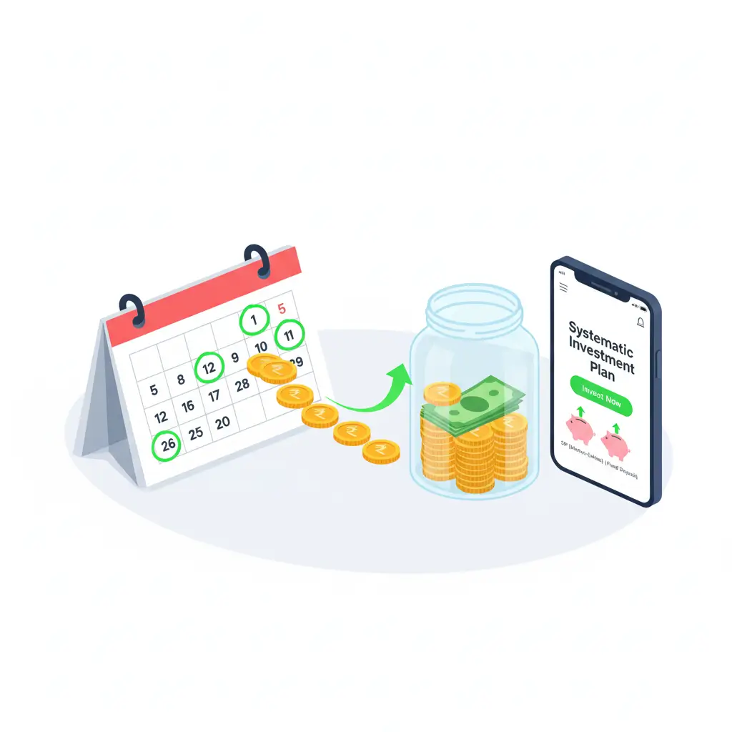 An infographic showing a calendar with recurring dates, with coins flowing into a growing money jar, illustrating the regular investment process of a SIP.