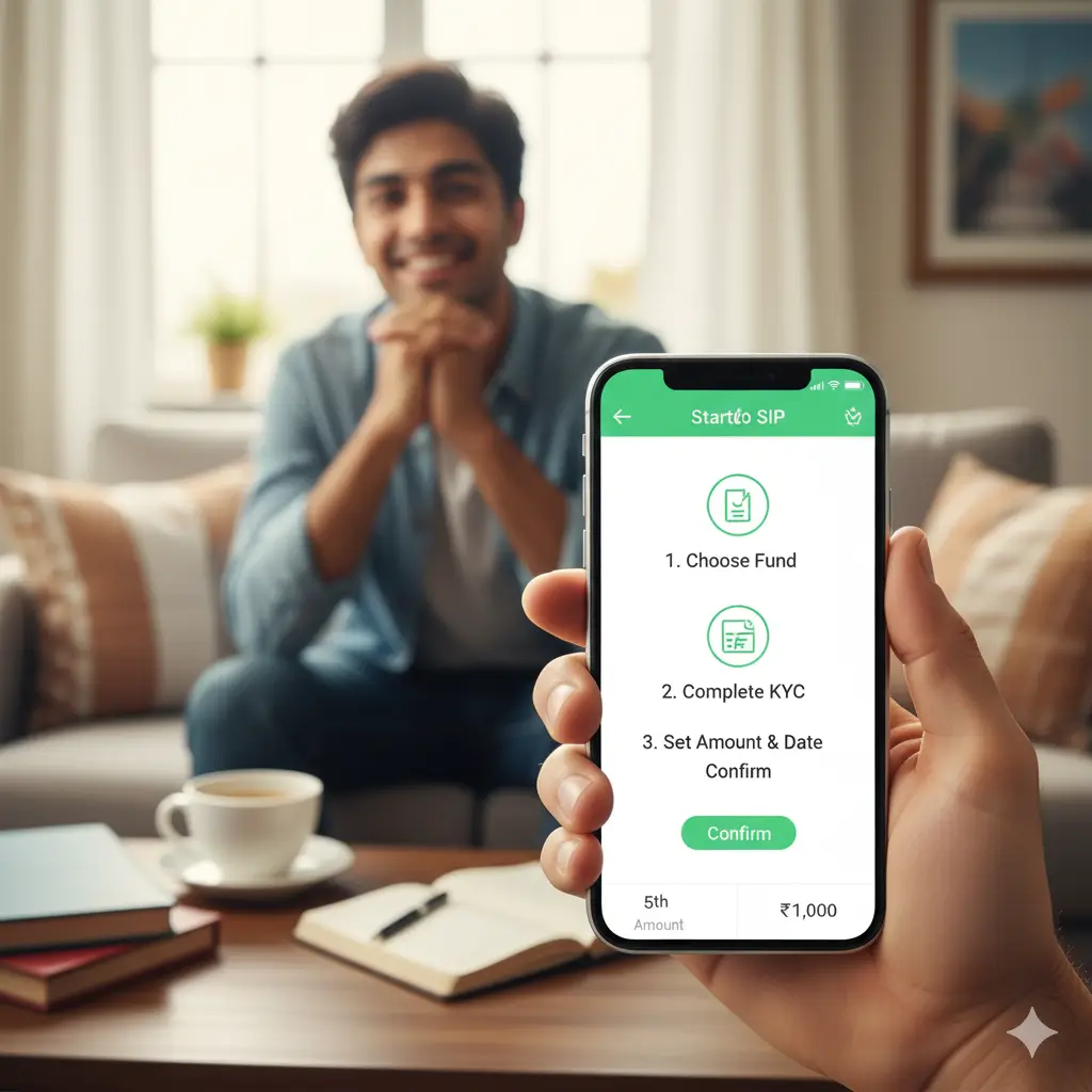 A person's hand holding a smartphone with an investment app open, showing the simple steps to start a SIP, with a smiling young man sitting comfortably in the background.