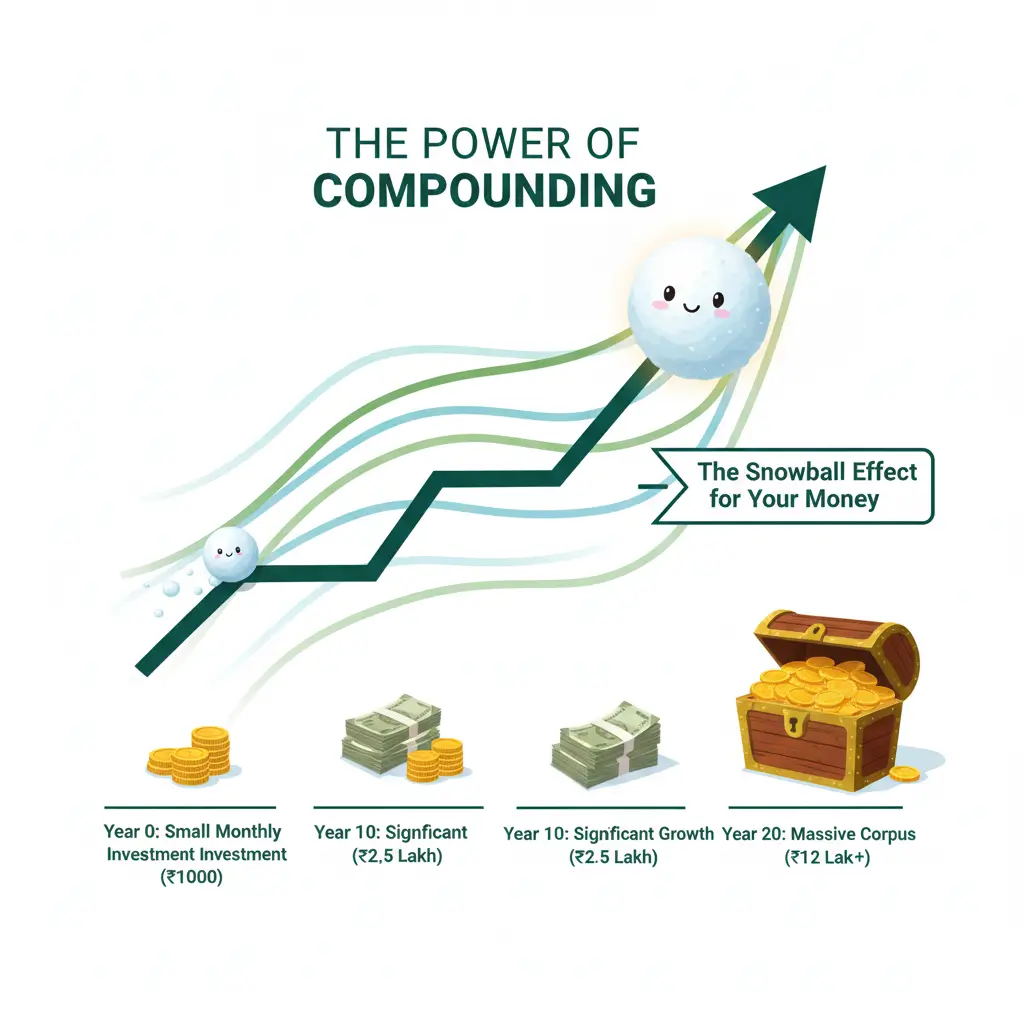 An infographic illustrating the power of compounding, showing a small snowball growing larger as it rolls down an upward-trending graph, with wealth accumulation shown over 20 years.