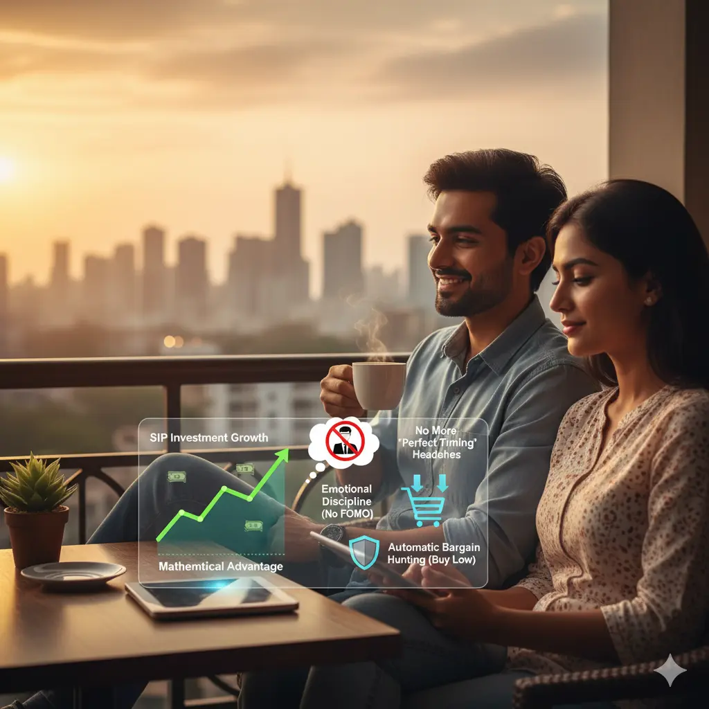 A relaxed Indian couple enjoying coffee on a balcony with a city skyline at sunset, overlaid with glowing financial charts and icons representing the benefits of rupee cost averaging for SIP investors: no timing stress, emotional discipline, and automatic bargain hunting.