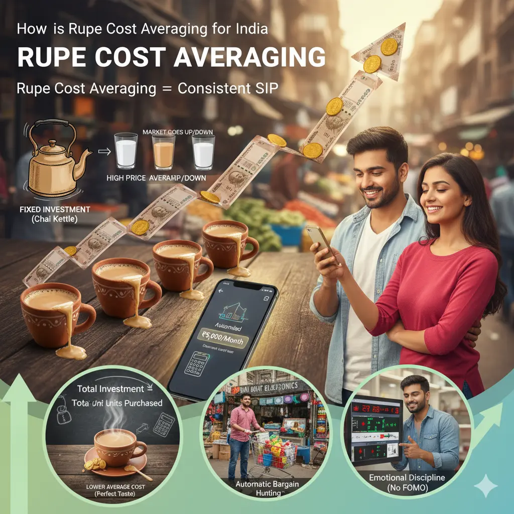 Discover the magic of Rupee Cost Averaging! This image perfectly captures how consistent SIP investments lead to financial growth, making smart investing simple for Indians.