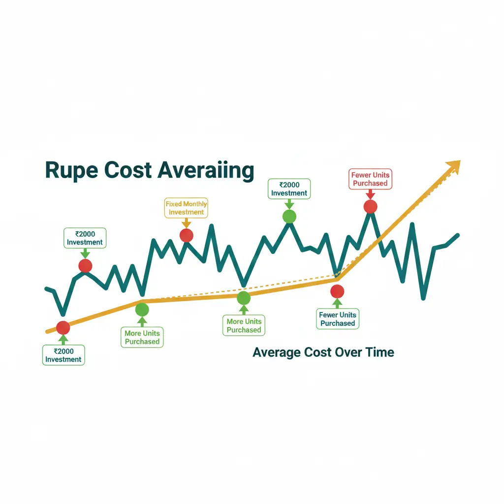 A chart explaining Rupee Cost Averaging, showing how a fixed monthly investment buys more units when the market is low and fewer units when it is high, averaging the cost over time.