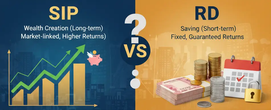 Infographic comparing SIP (Systematic Investment Plan) and RD (Recurring Deposit) for Indian investors, showing growth charts for SIP and secure savings visuals for RD.