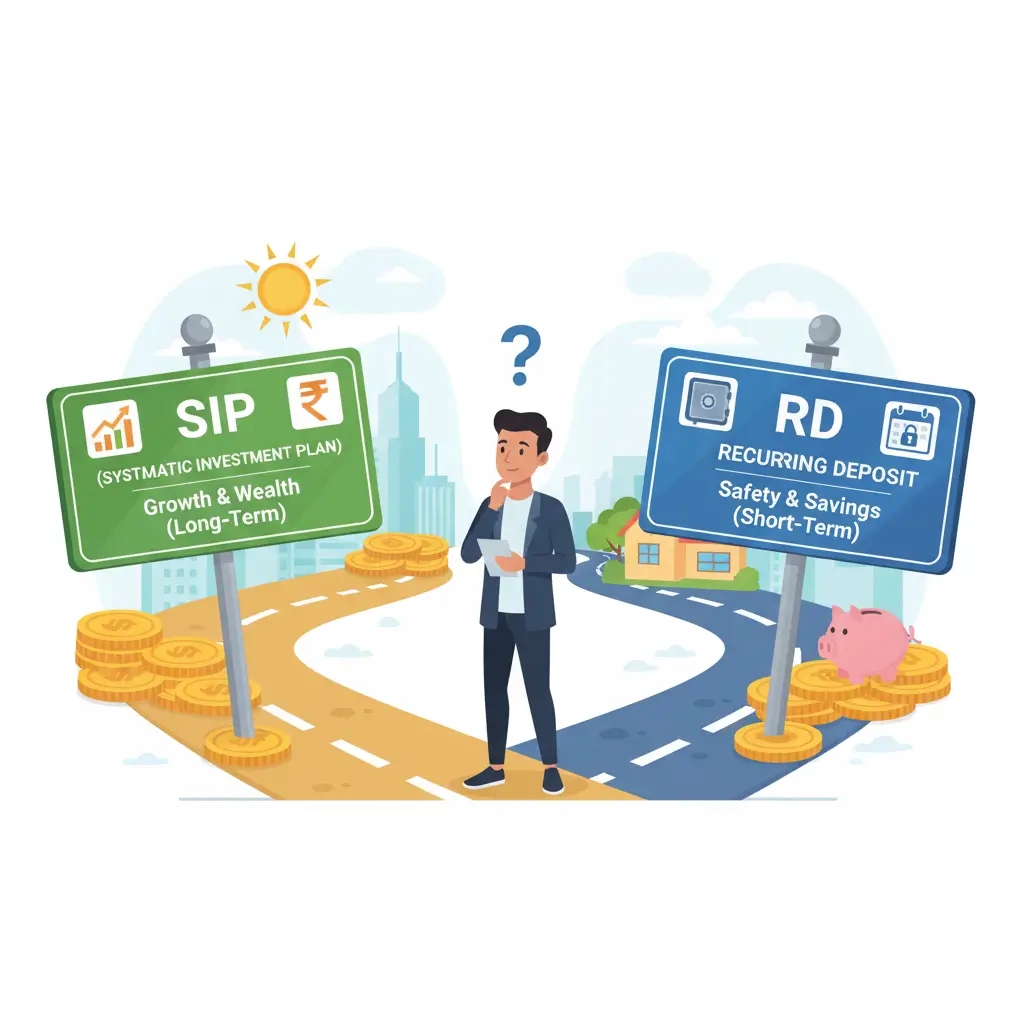 A young Indian investor stands at a crossroads, pondering two distinct paths: one labeled 'SIP (Systematic Investment Plan) for Growth & Wealth (Long-Term)' and the other 'RD (Recurring Deposit) for Safety & Savings (Short-Term).' Coins and a piggy bank are visible on the respective paths.