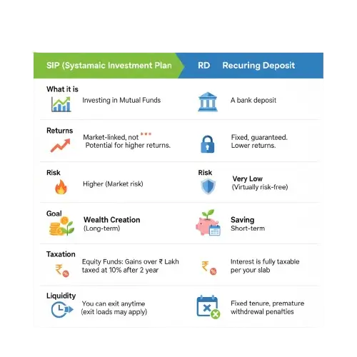 An infographic table comparing SIP (Systematic Investment Plan) and RD (Recurring Deposit) features, including "What it is," "Returns," "Risk," "Goal," "Taxation," and "Liquidity," with relevant icons for each category.