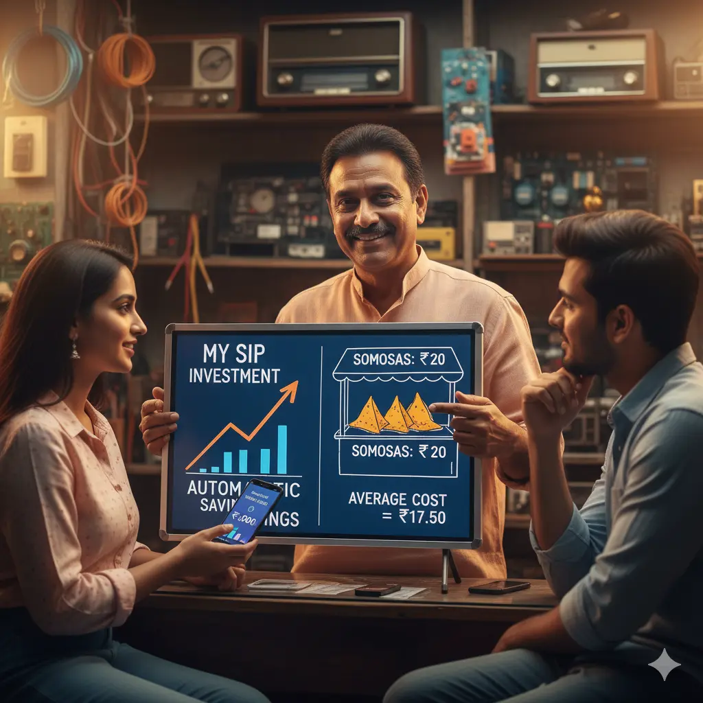 An Indian electronics shop owner, Ravi bhai, proudly showing a visual explanation of rupee cost averaging to a young couple, comparing SIP investment growth to varying samosa prices, illustrating smart investing for beginners.