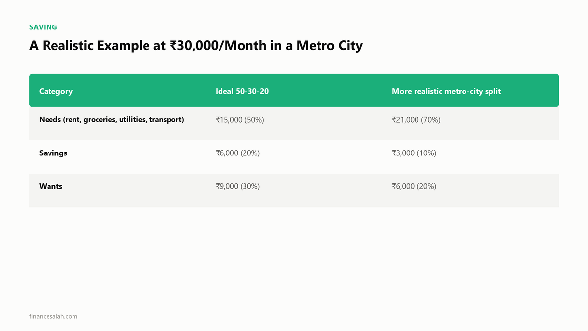 A Realistic Example at ₹30,000/Month in a Metro City — key details from the FinanceSalah guide on 50-30-20 Budget Rule for Indian Salaries: Does It Work at ₹30k?