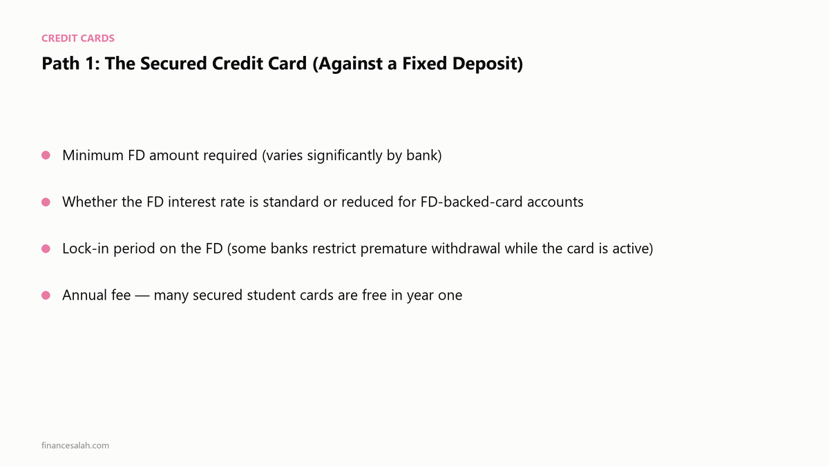 Path 1: The Secured Credit Card (Against a Fixed Deposit) — key details from the FinanceSalah guide on Best Credit Cards for Students in India (No Income Proof)