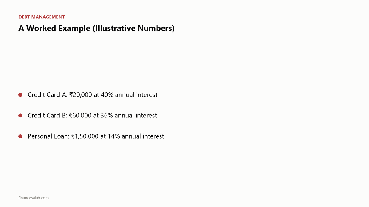 A Worked Example (Illustrative Numbers) — key details from the FinanceSalah guide on Debt Snowball vs Debt Avalanche: Which Works Better in India?