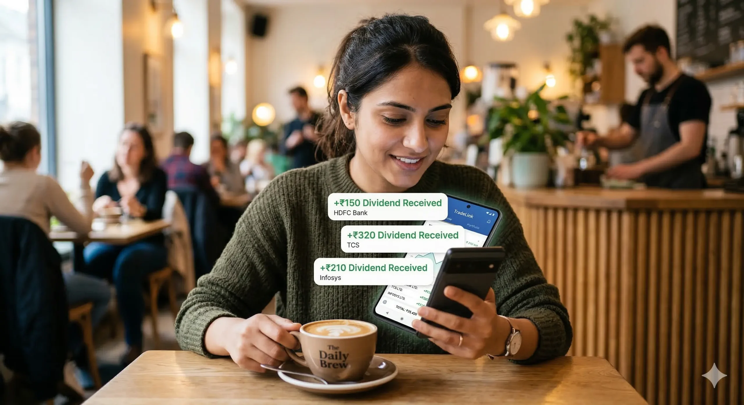 Investor checking smartphone with dividend received notifications while holding a coffee cup