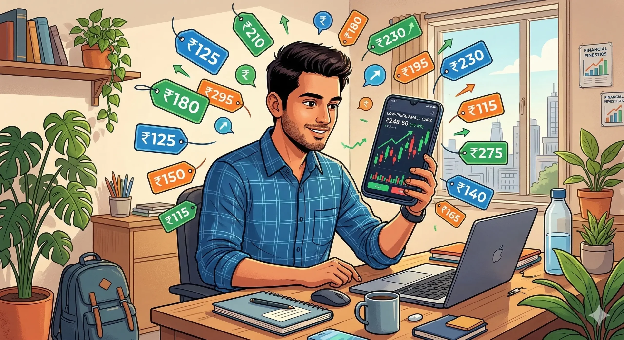 Young Indian investor checking small cap stock prices ₹100–₹400 on smartphone