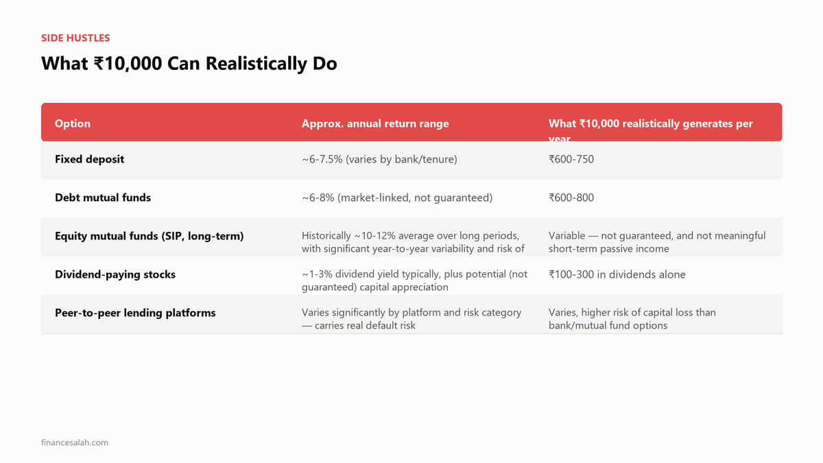 What ₹10,000 Can Realistically Do — key details from the FinanceSalah guide on Passive Income Ideas in India With Just ₹10,000 to Start