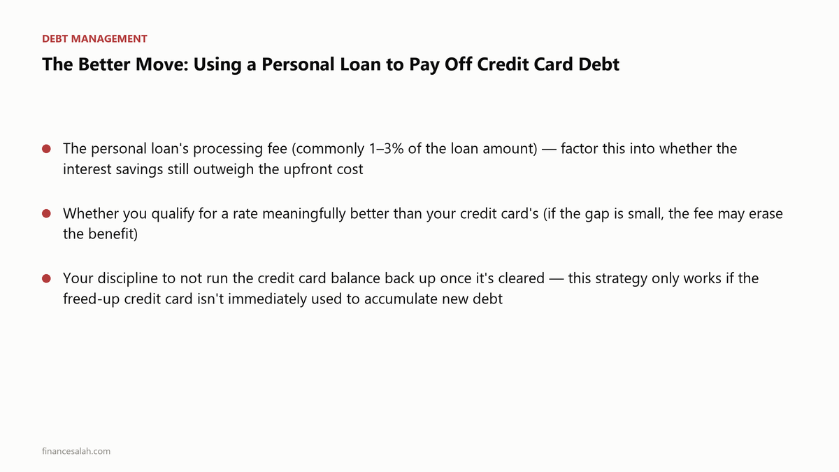 The Better Move: Using a Personal Loan to Pay Off Credit Card Debt — key details from the FinanceSalah guide on Personal Loan vs Credit Card Debt: Which to Pay Off First?