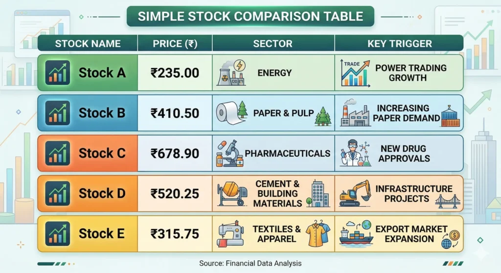 Comparison table of five small cap stocks showing price, sector, and growth trigger